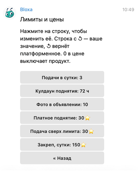 Экран «Лимиты и цены» в боте: сколько объявлений в день, как часто можно поднимать и цены платных функций